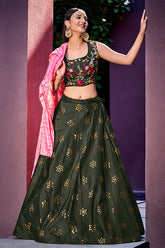 Olive Green Slik Lehenga